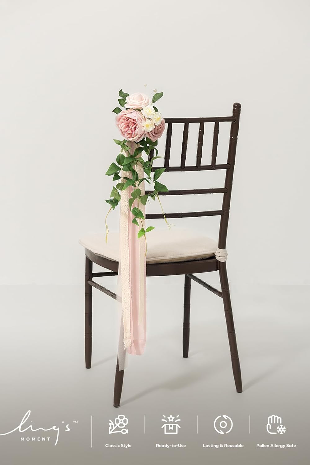 Ling's moment 8pcs Wedding Artificial Aisle Pew Flowers Chair Decorations Arrangements with Chiffon Ribbons Dusty Rose Cream for Ceremony Chair Back Floral Decor Reception Church Party Outdoor