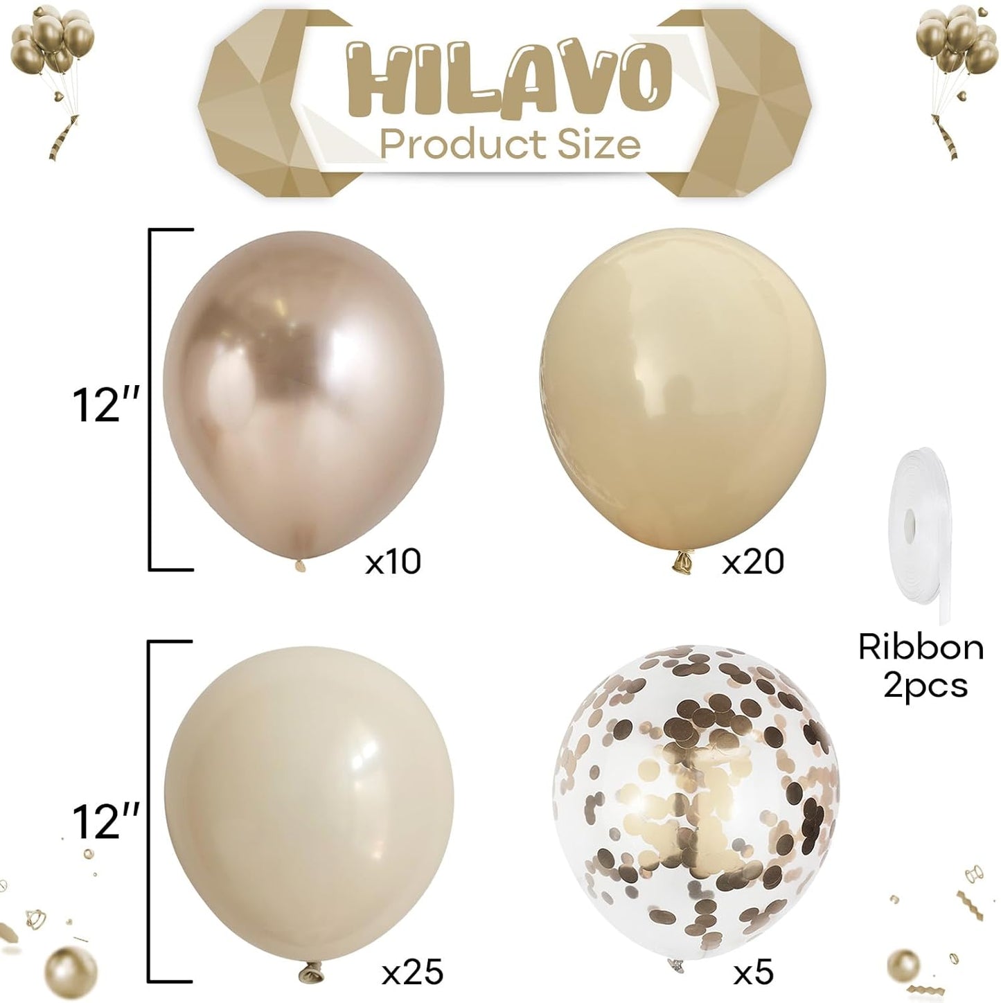 Beige and Champagne Gold Balloon Set, 60Pcs 12 Inch Nude Cream Retro White Sand Balloons with Metallic Champagne Gold Confetti Latex Balloons for Birthday Wedding Baby Bridal Shower Party Decorations