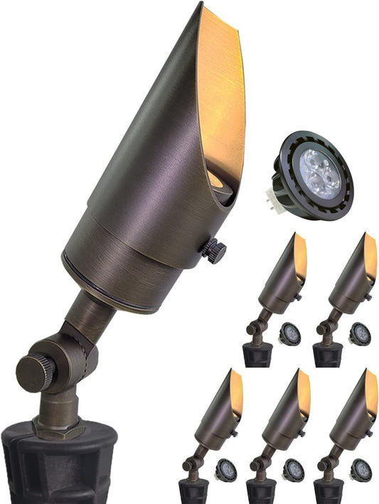 MALORY Brass Landscape Spotlight 6-Pack with MR16 Bulb Kit(S04), Low Voltage 12V AC/DC Shroud Adjustable Outside Yard Lights,PVC Ground Stake and Wire Connector Included, 5W 2700K Warm White