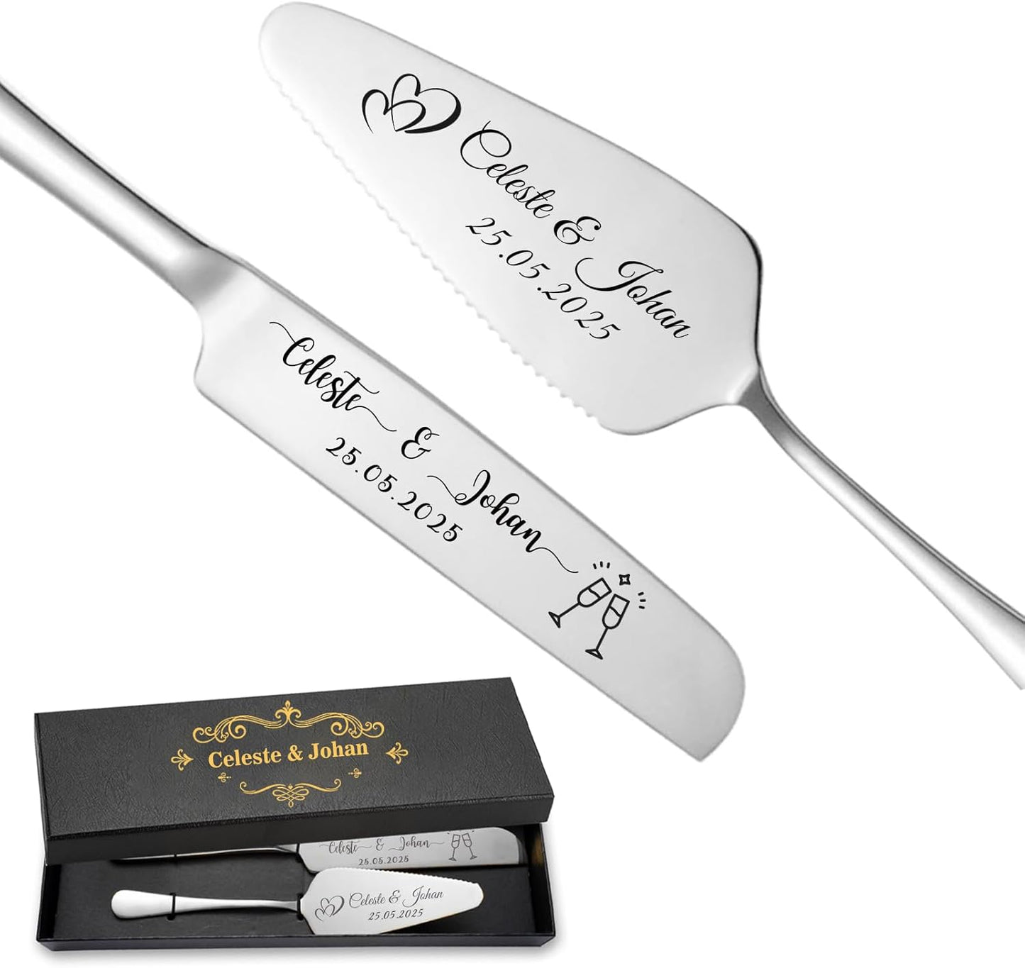 Personalized Wedding Cake Knife and Server Set Stainless Steel Cake Cutter Server Engraved Cake Cutting Set for Wedding Anniversary Engagement Birthday Gifts