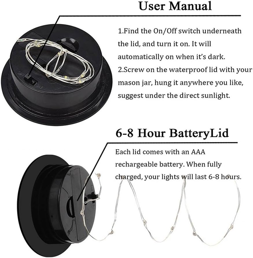 6 Pack Mason Jar Lights, 10 LED Solar Colorful Flicker Fairy String Lights Lids Insert for Garden Deck Patio Party Wedding Decorative Lighting Fit for Regular Mouth Jars …