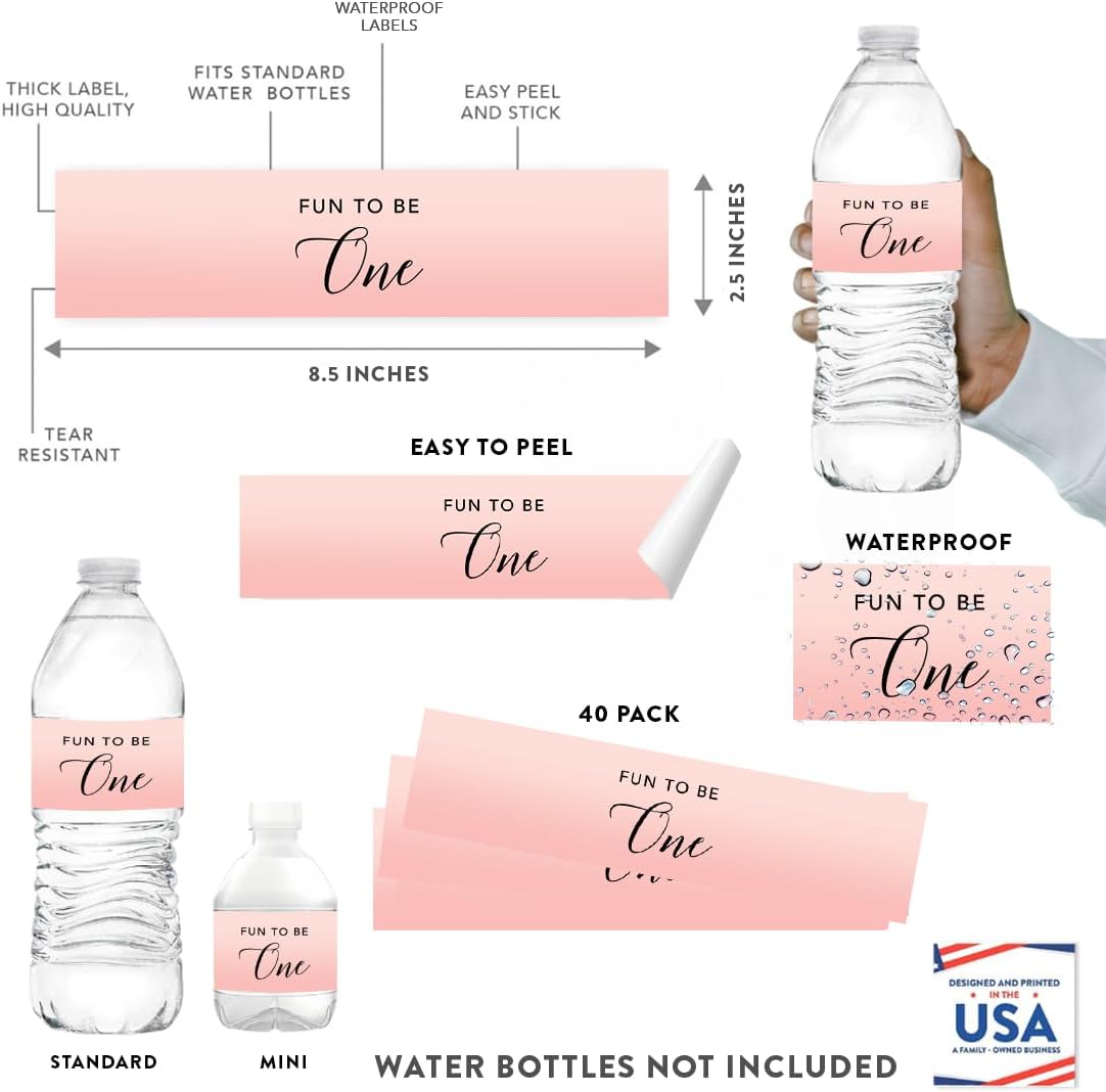 Andaz Press Blush Pink Rose Elegant Party Baby Girl's 1st Birthday Collection, Waterproof Water Bottle Labels, Fun to Be One, 20-Pack, Party Favors Decor Gift Ideas