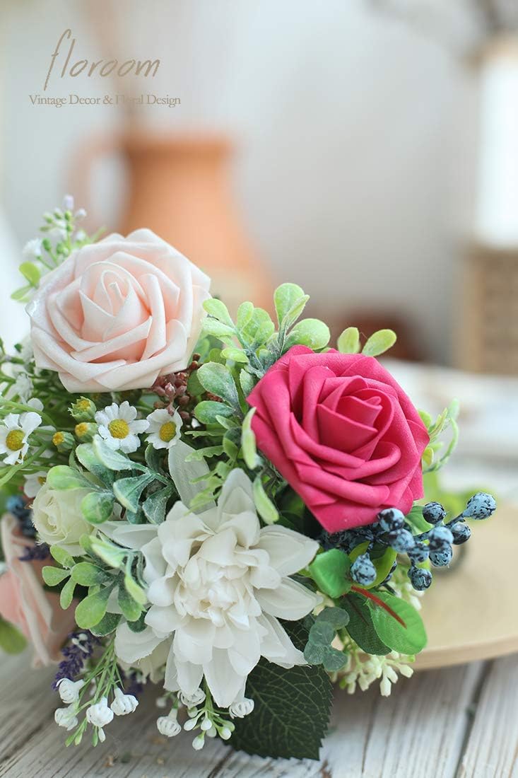 Floroom Artificial Flowers 25pcs Real Looking Shimmer Blush and Peach Foam Fake Roses with Stems for DIY Wedding Bouquets Bridal Shower Centerpieces Floral Arrangements Party Tables Home Decorations