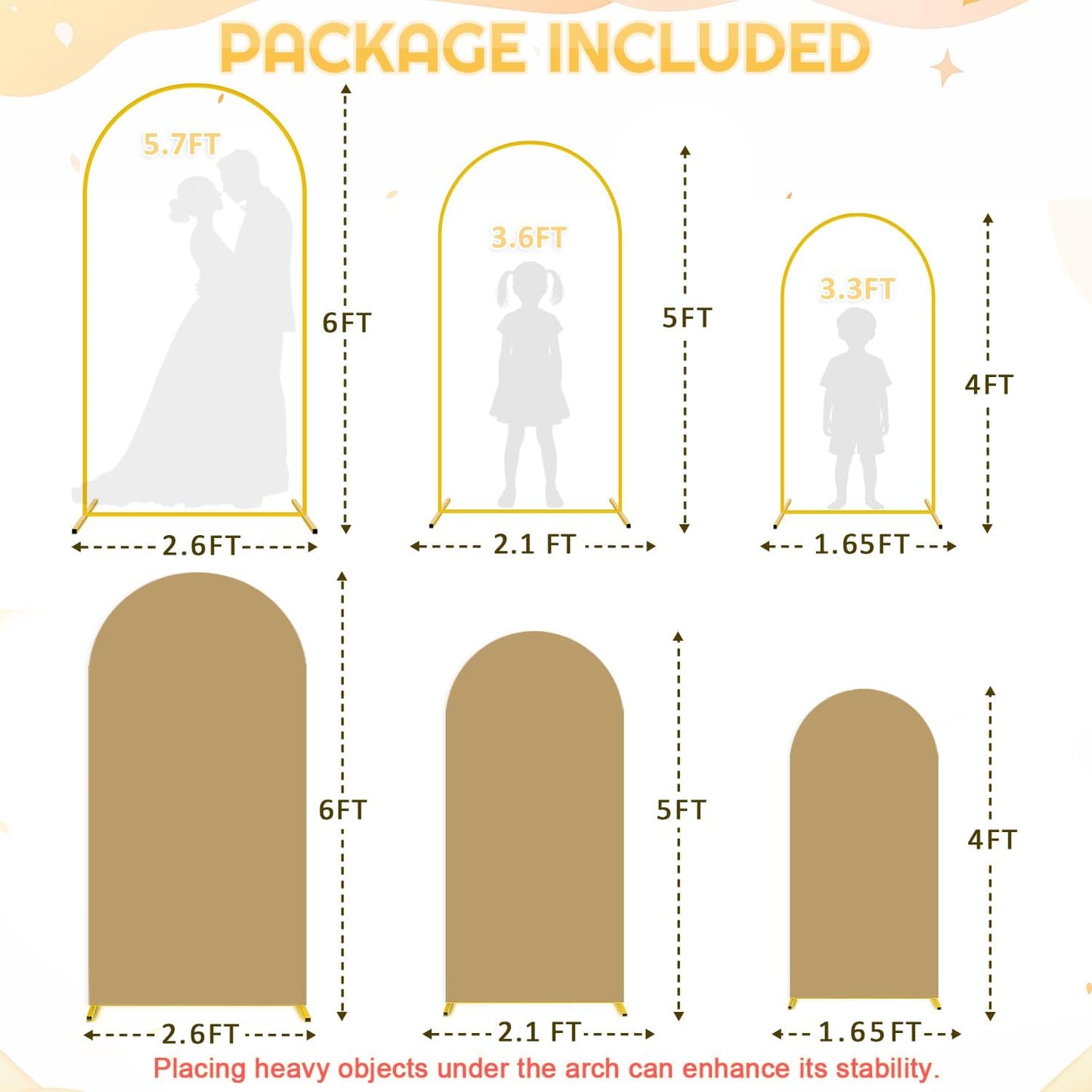 Metal Backdrop Arch Stand Set of 3 with Brown Spandex Arch Covers Stretchy Backdrop 6FT, 5FT, 4FT Stable Balloon Arch Frame Stand Backdrops and Arch Stands Cover for Wedding Ceremony Grad Party Decor