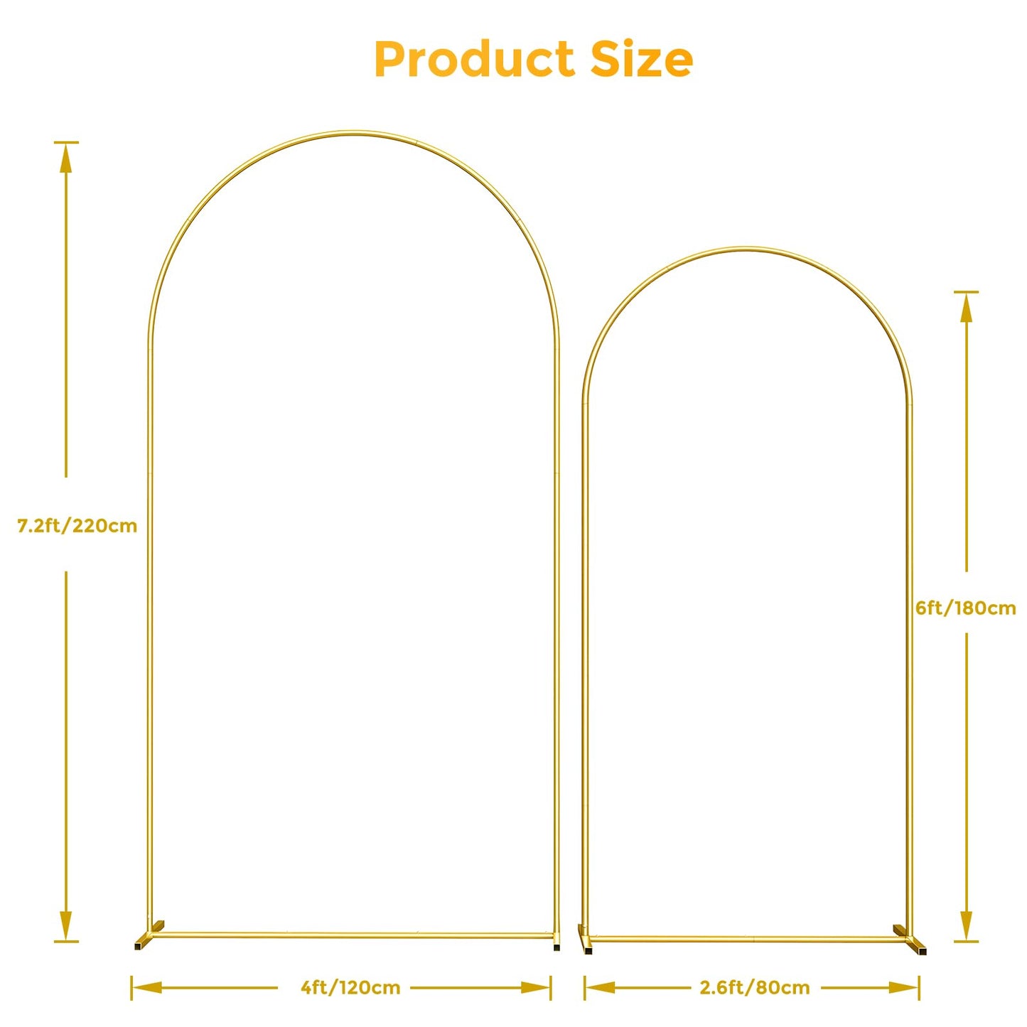 Metal Arch Backdrop Stand, 7.2FT+6FT Wedding Arch Frame, Gold Wedding Arch Backdrop Stand Set of 2
