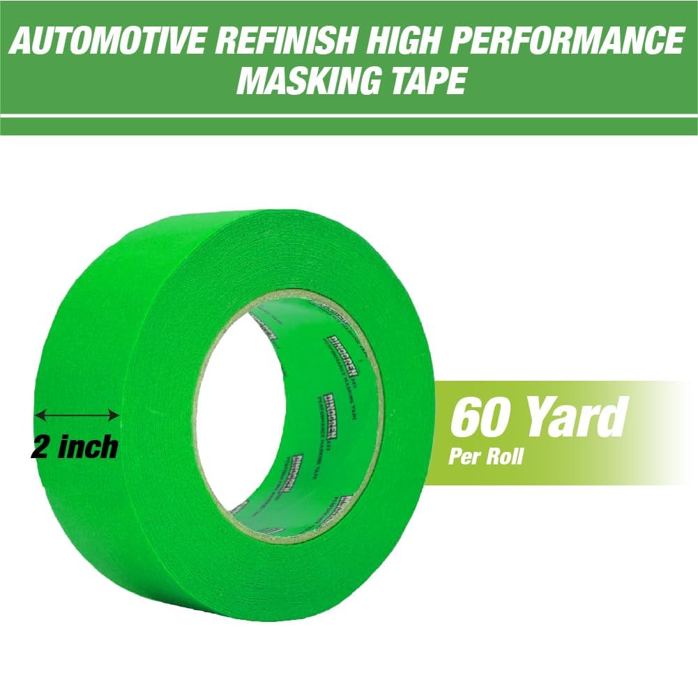 LAUCO DINOGREN High Performance Automotive Masking Tape – 2 Inch x 60 Yards (5 Rolls) – Green Tape for Car Paint, Body Shop Use, Clean Removal, Heat & Water Resistant, Multi-Surface Crepe Backed