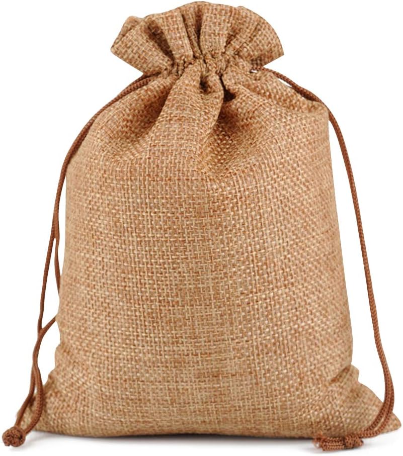Lucky Monet 25/50/100PCS Burlap Gift Bags Wedding Hessian Jute Bags Linen Jewelry Pouches with Drawstring for Birthday, Party, Wedding Favors, Present, Art and DIY Craft (50Pcs, Coffee, 4” x 6”)