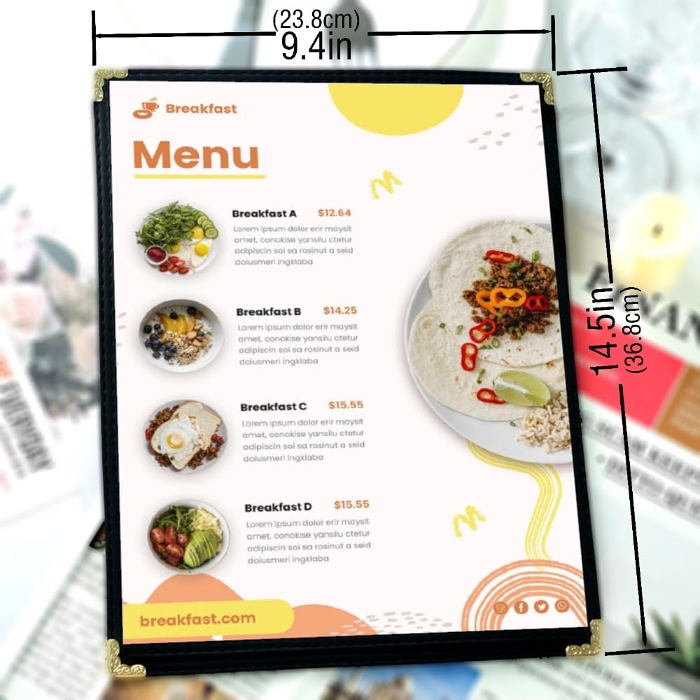 Goodsmart Restaurant Menu Covers – 25 Pack Black 2-View, Top-Loading Menu Holders, Vinyl & Plastic Café Menu Covers, Clear Menu Sleeves, Fits 8.5" x 14", Leather-Style Design, Gold Corners