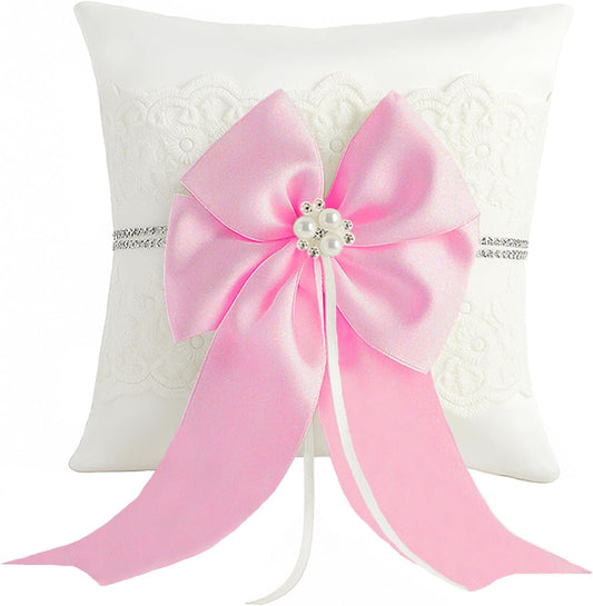 Wedding Ring Bearer Pillow: 8.2 x 8.2 Inch Satin Lace Cushion with Pink Pearl Bow for Ceremony Vows - Secure Ring Holder for Flower Boy or Girl