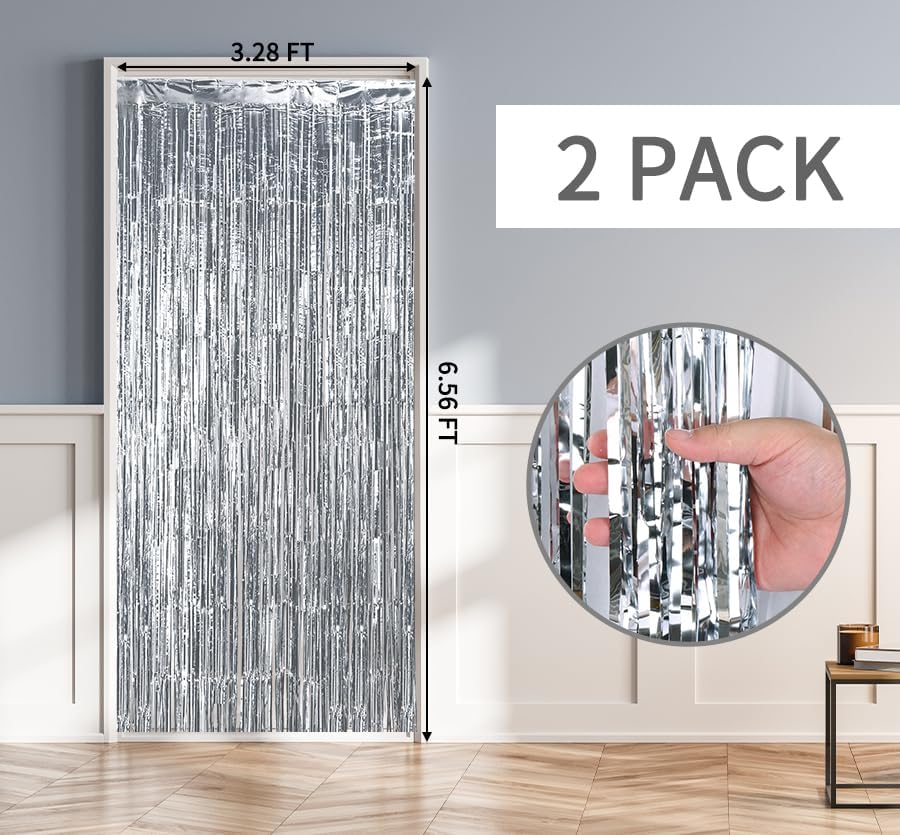RUBFAC 2 Pack Silver Tinsel Backdrop Party Decorations Foil Fringe Curtains Photo Booth Streamer for New Year Decorations Wedding Birthday Holiday Christmas Celebrations Supplies