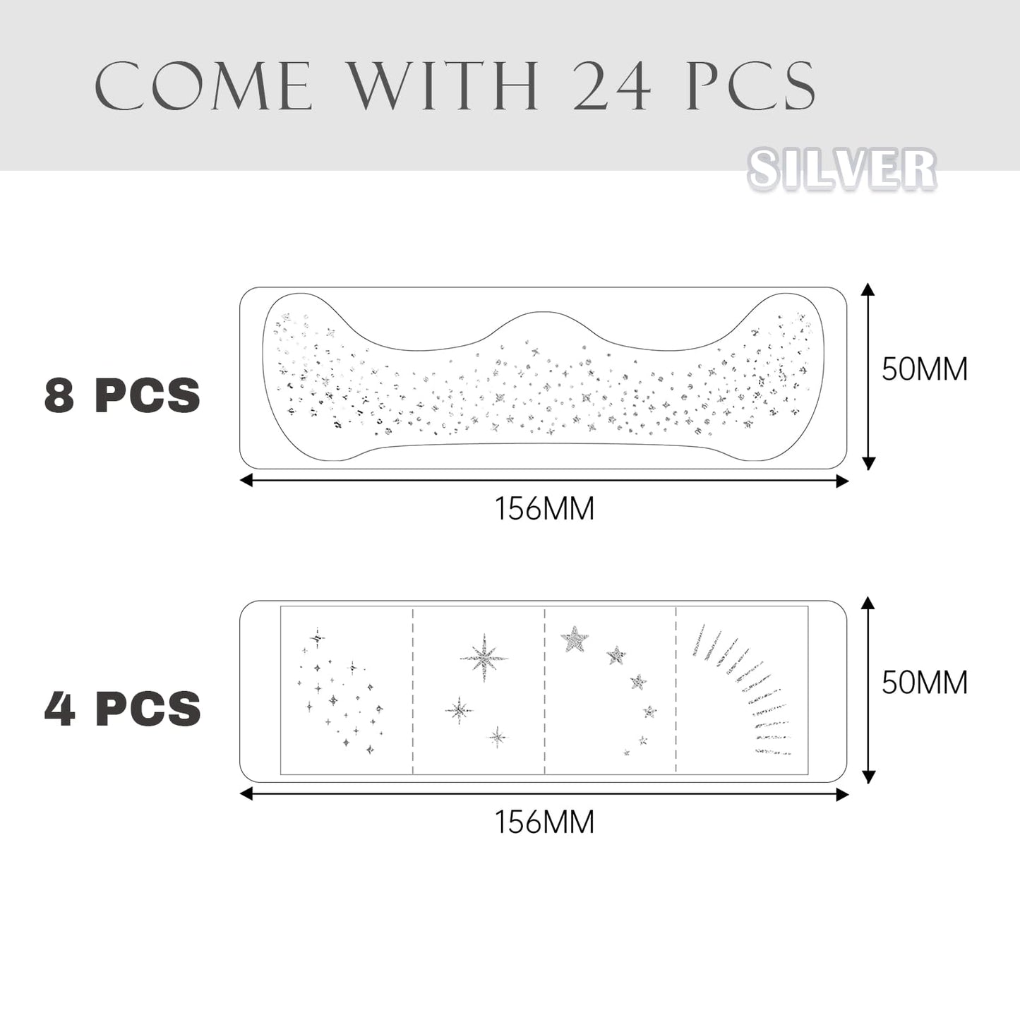 Glitter Freckles, 24PCS Glitter Freckles Face Tattoo, Sparkle Freckles for Women, Waterproof Gold Temporary Face Tattoos Glitter Glow Up Patches Makeup Patches (Silver)