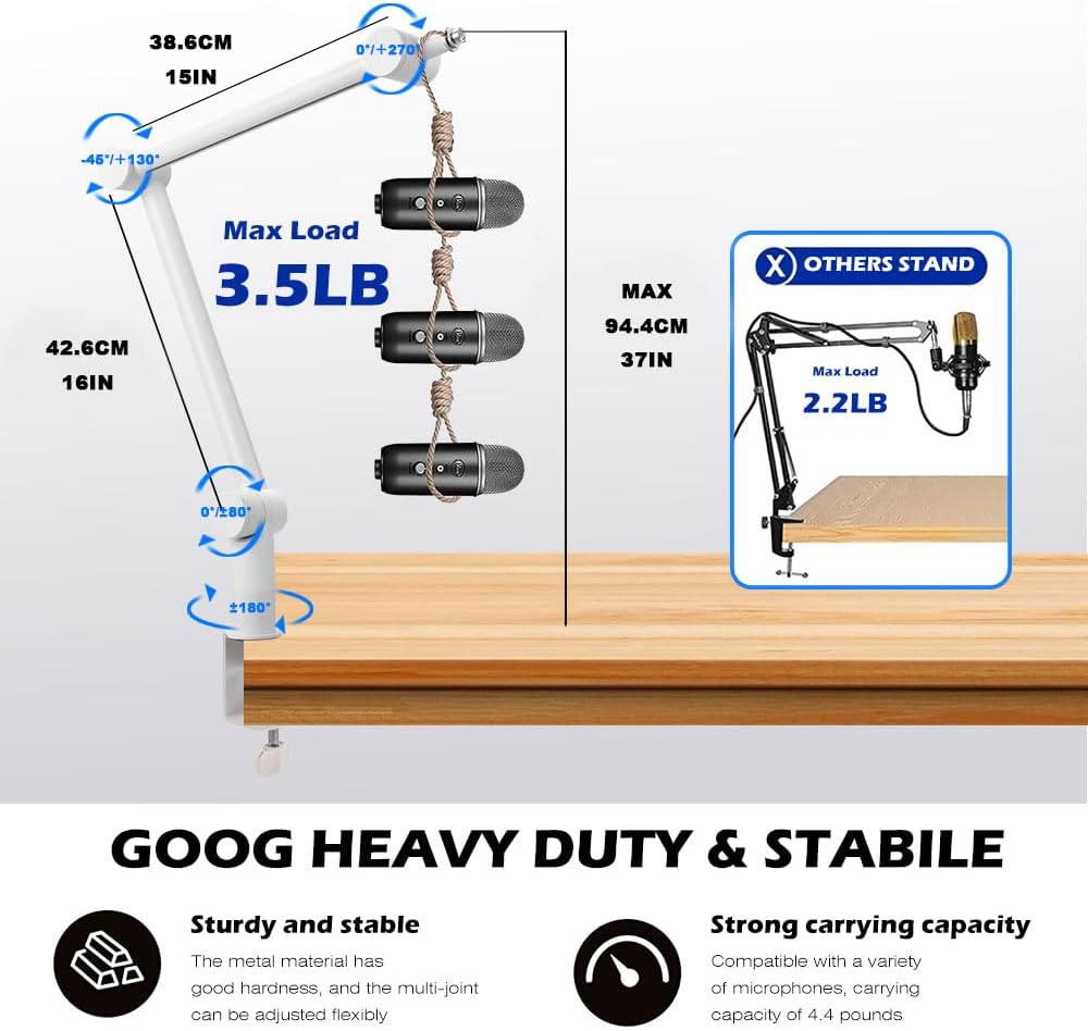 BOMGE Boom Arm Mic Stand - Adjustable Heavy Duty Suspension Boom Scissor Arm Stand with Cable Management Channels, Desk Clamp for Podcasts, Streaming, Gaming, Home Office, Recording (White)