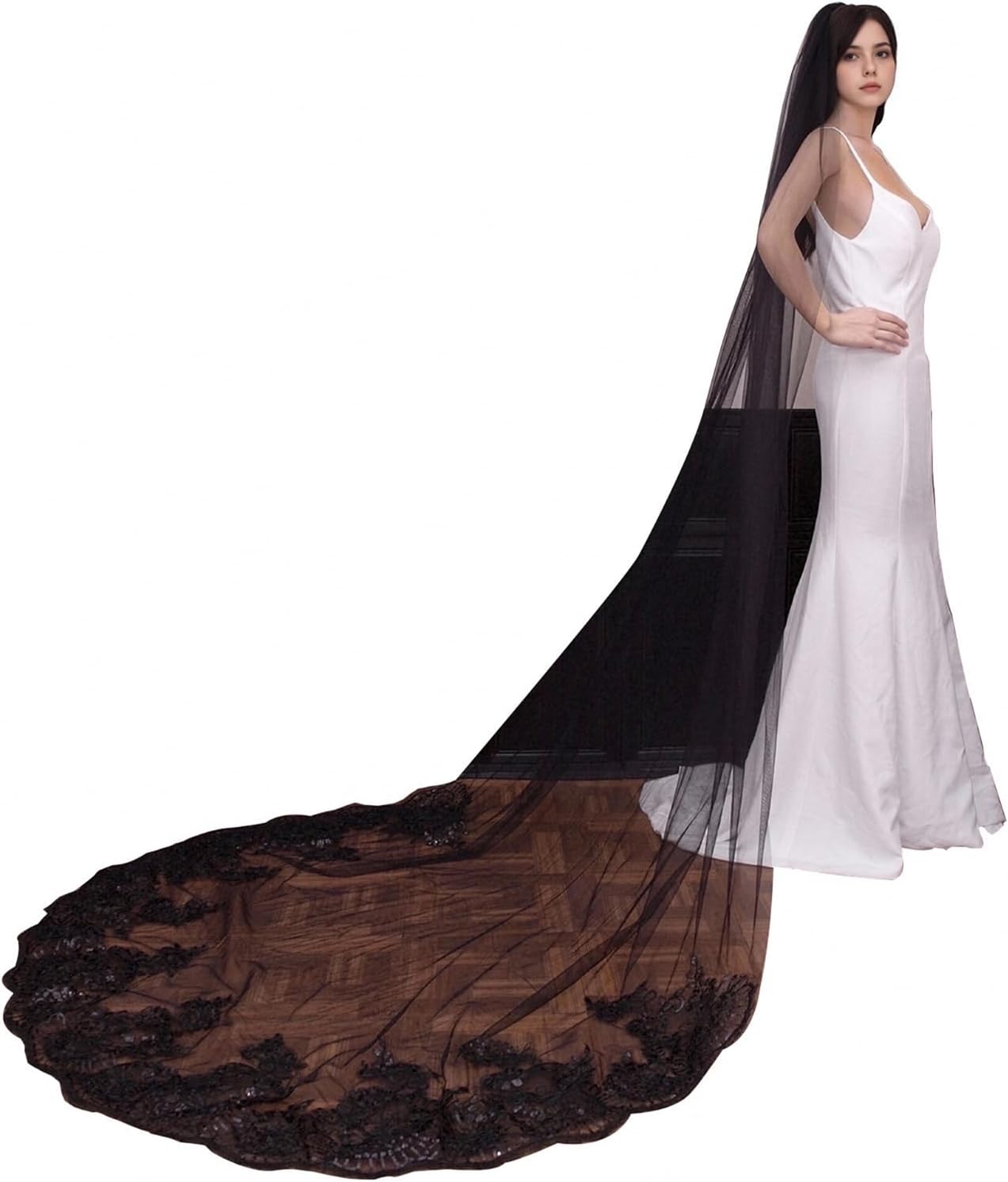 Bridal Veil long Cathedral Length Lace Sequins Edge 1 Tier Wedding Veil with Metal Comb for Brides