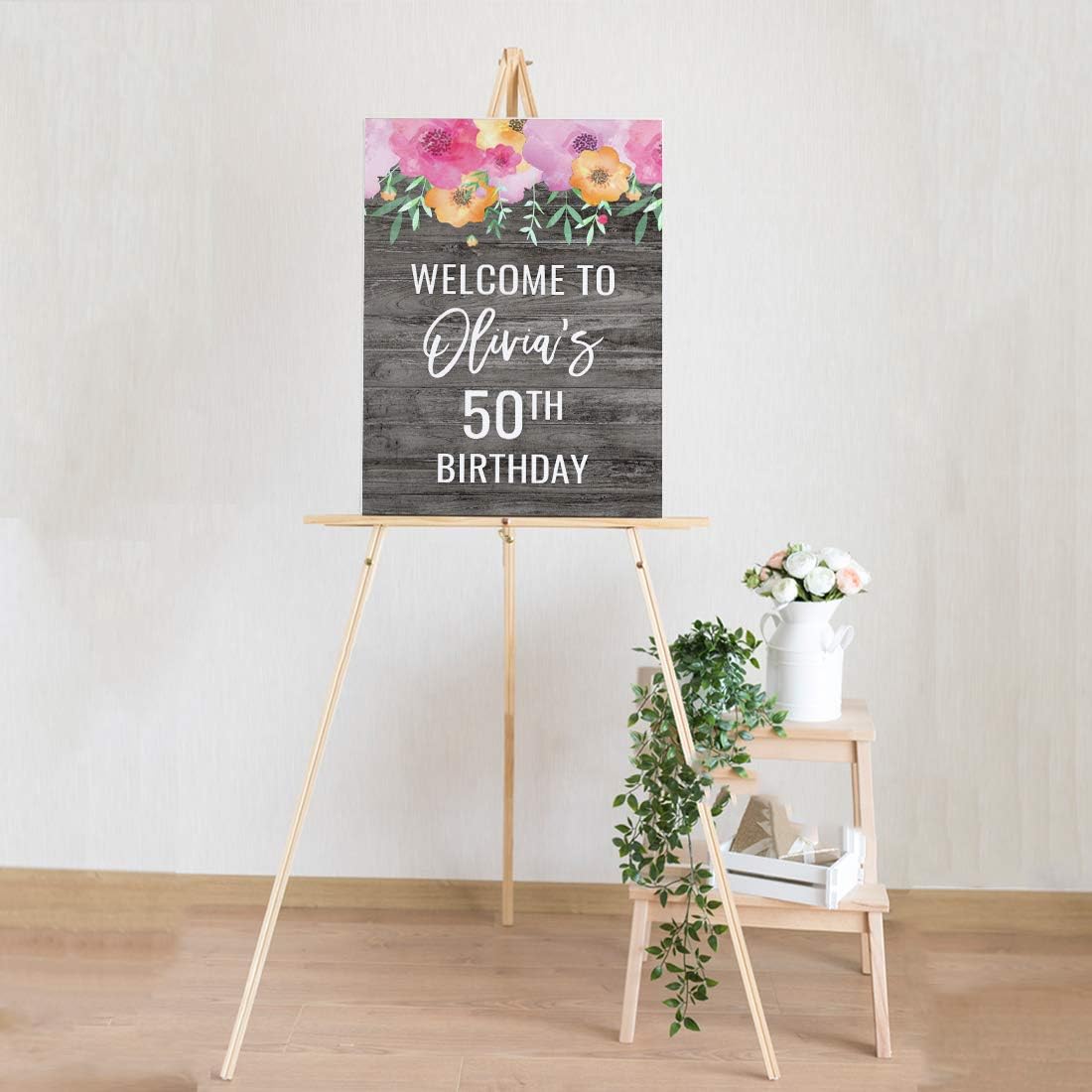 Andaz Press Personalized Extra Large Birthday Easel Board Party Sign, 12x18-inch, Pink Floral Flowers on Gray Rustic Wood, Welcome to Olivia's 50th Birthday, 1-Pack, Custom Name Age