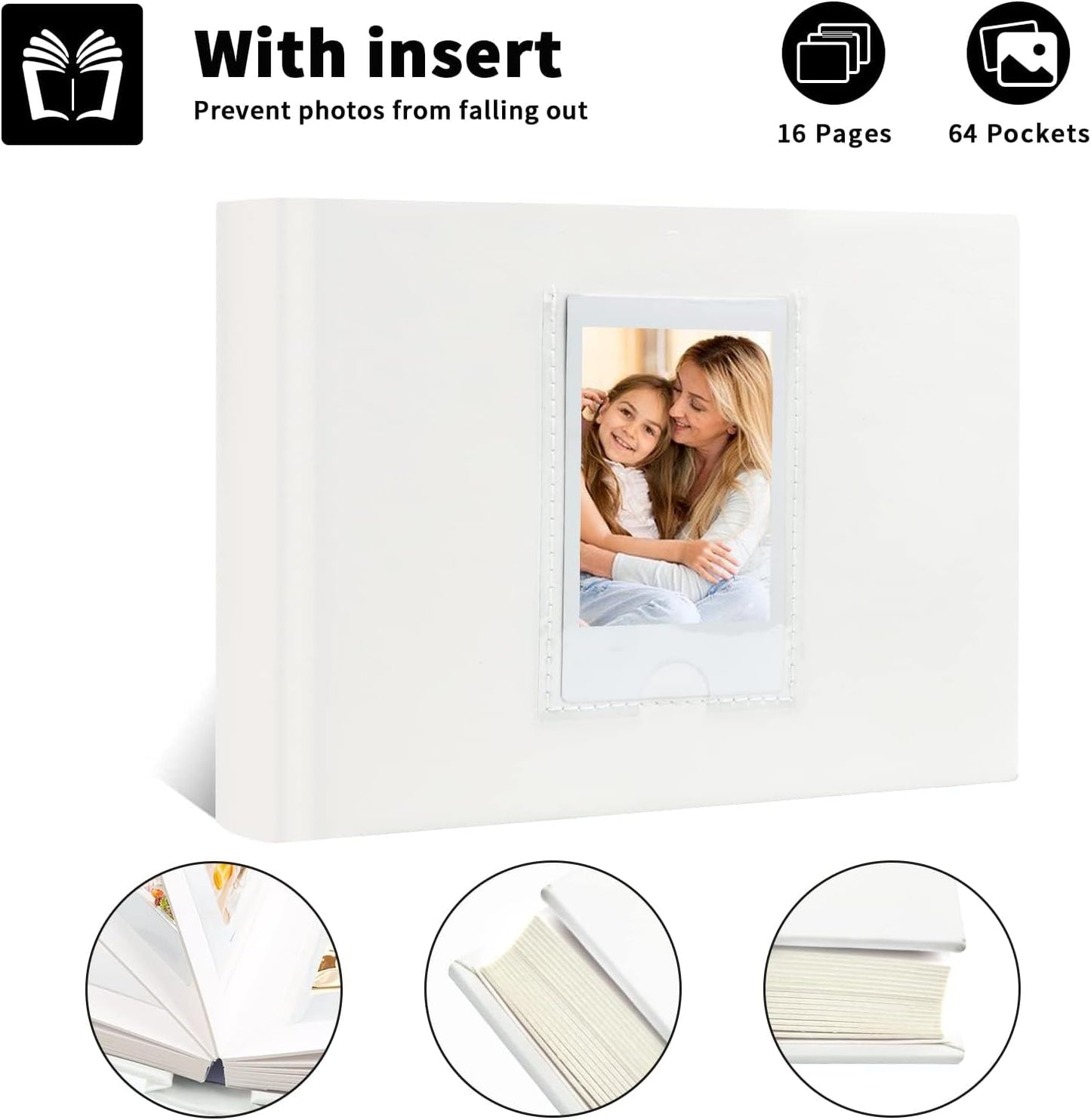 64 Pocket Mini Photo Album with Writing Space,Faux Leather Cover, Compatible with 2x3 Inch Polaroid Pictures and Fujifilm Instax Mini 12 11 9 99 8 7+ 40 Evo Instant Film(White)