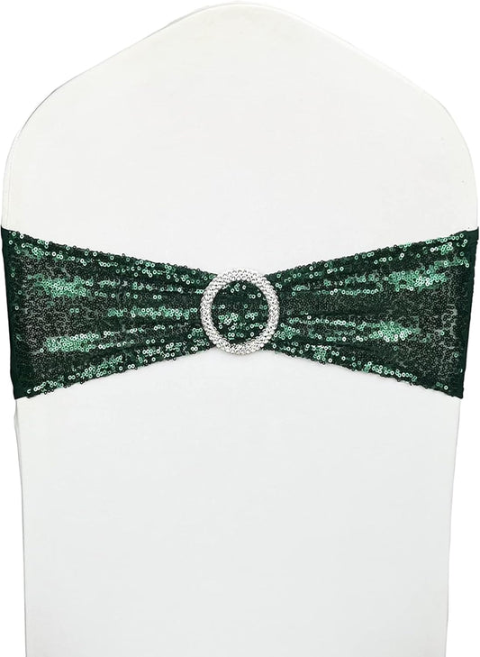 Chair Sashes Sequin Stretch Chair Bands Dark Green Spandex Polyester Bows for Party Hotel Wedding Banquets Decoration - 6 Pcs Hunter Emerald Green
