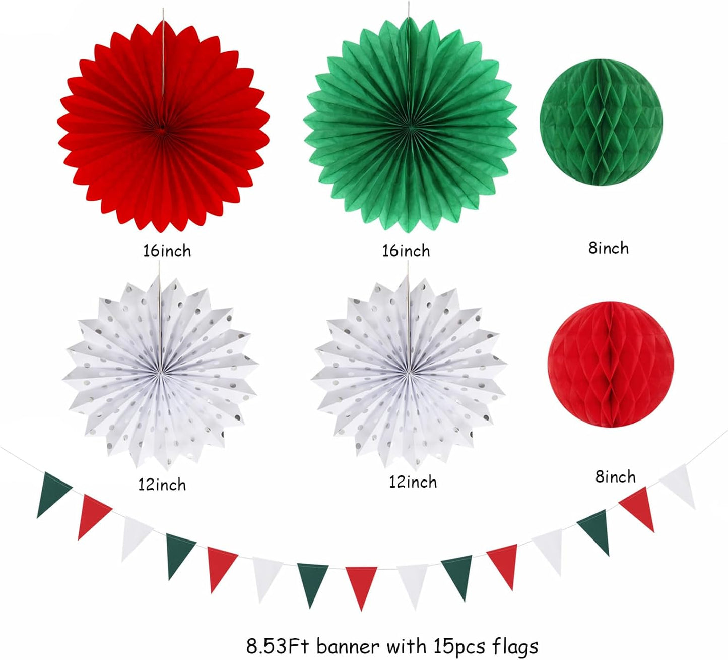 Red Green-White Christmas Party Decorations - 20pcs Mexican Italian Paper Lanterns Fans,Tissue Pom Poms,Honeycomb Balls,Bunting,Birthday Mexico Italy Baby Shower Wedding Decor Burgleda