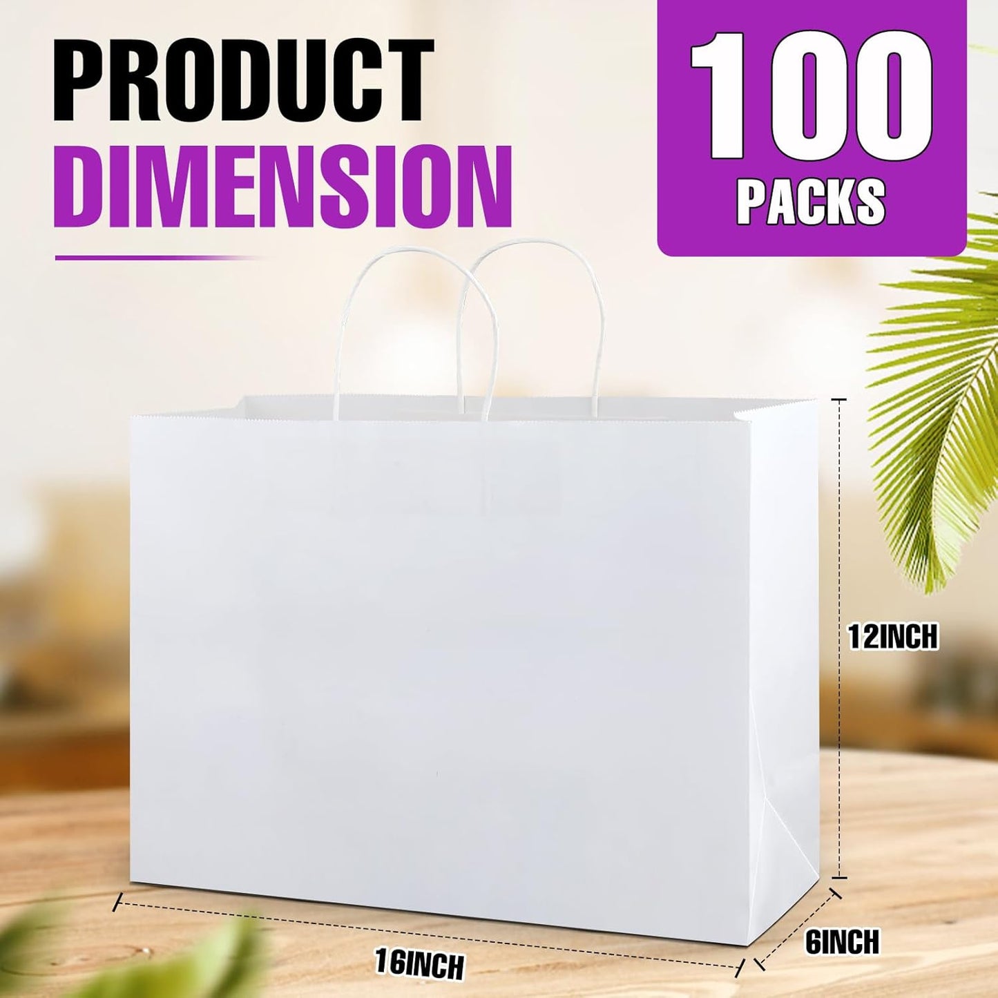 BURVAGY 16x6x12 Inch 100 Pcs Kraft Paper Bags with Handles Bulk, Kraft Shopping White Large Recycled Gift Paper Bags with Handles for Small Business, Retail,Boutique,Grocery