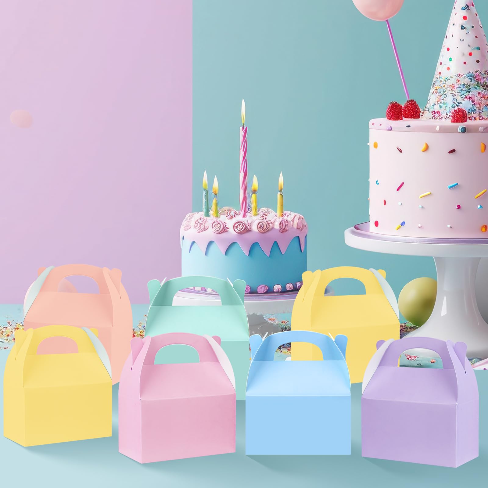 24 Pcs Pastel Party Favor Treat Boxes, Colorful Paper Candy Gift Gable Boxes for Party Favors