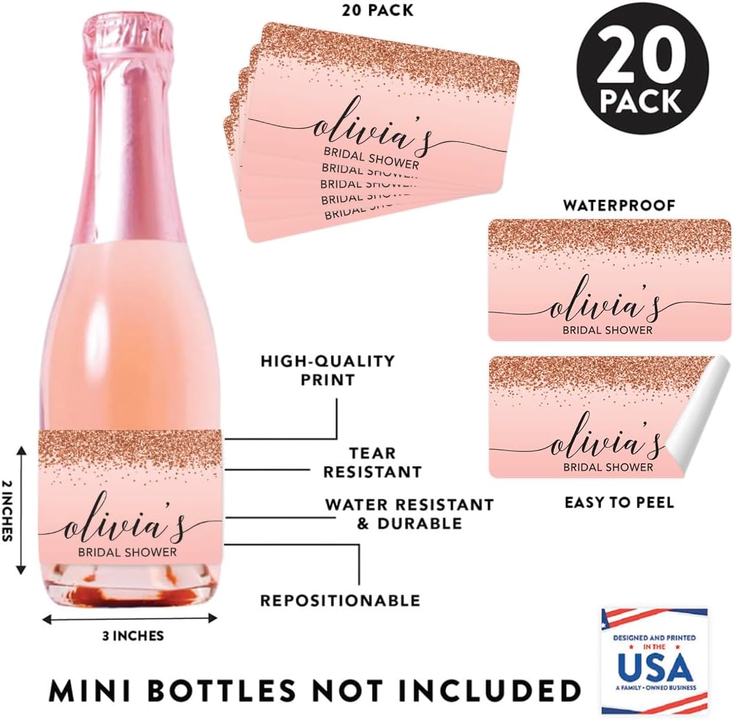 Andaz Press Personalized Mini Wine Bottle Labels, Bridal Shower, Blush Pink Faux Rose Gold Glitter, 20-Pack, Custom Champagne Labels