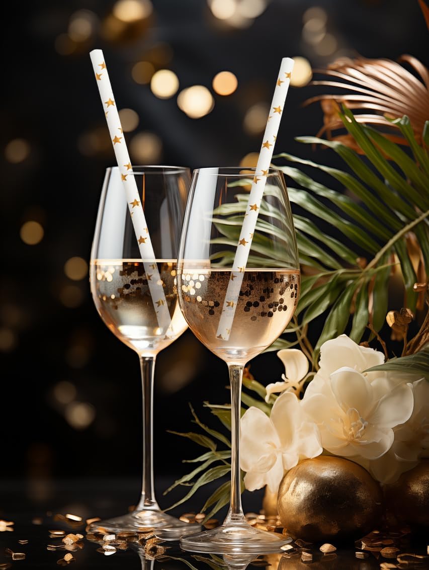 Paper Straws Disposable, Cocktail Metallic Gold Star Straws Drinking Biodegradable Straws for Holiday, Party, Wedding - 100 Count，7.75 Inch