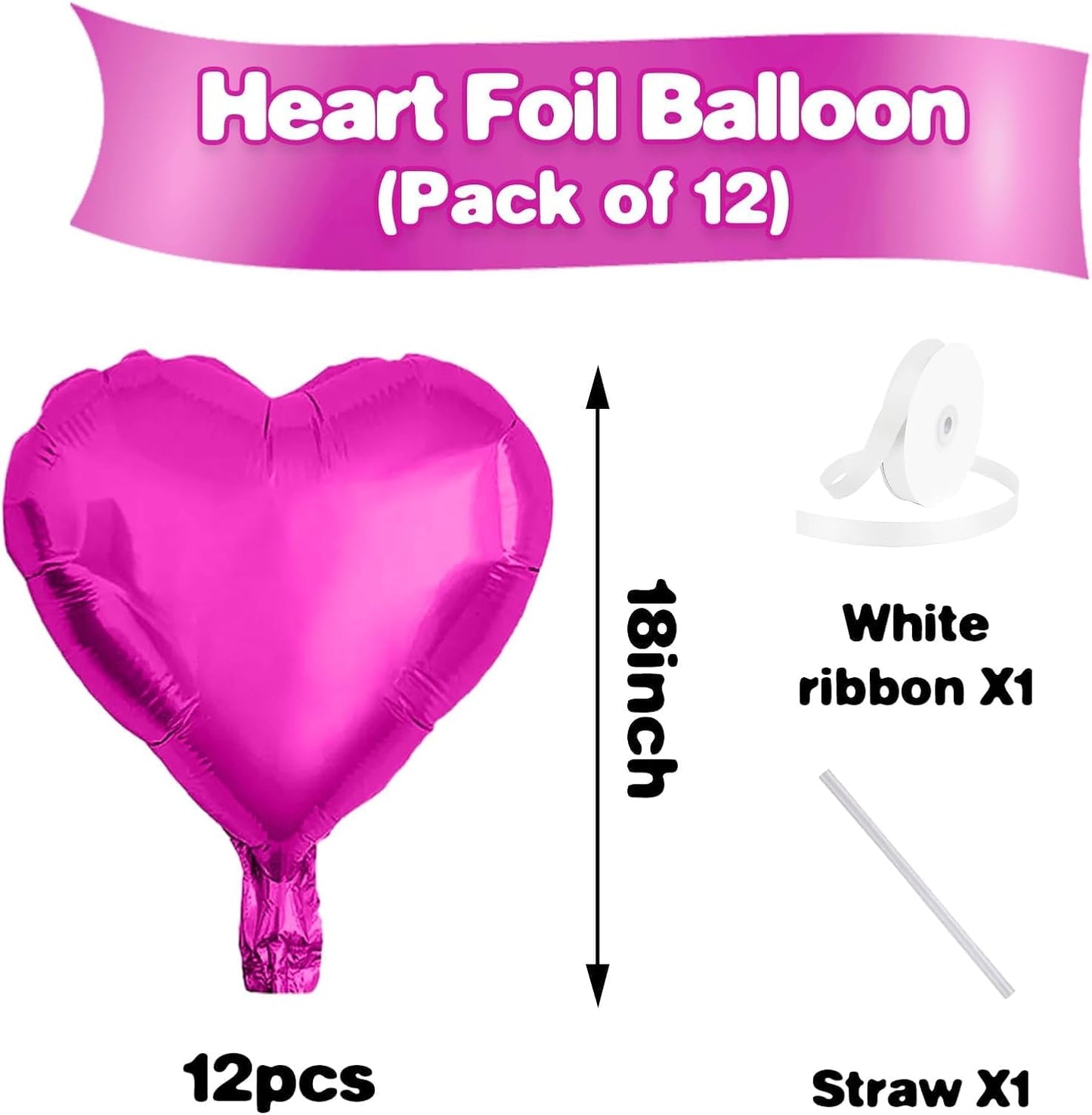 Hot Pink Heart Balloons,12Pcs 18 Inch Pink Foil Love Heart Shaped Balloons for Wedding Bridal Engagement Anniversary Birthday Party Celebration Baby Shower Valentines Day Decorations
