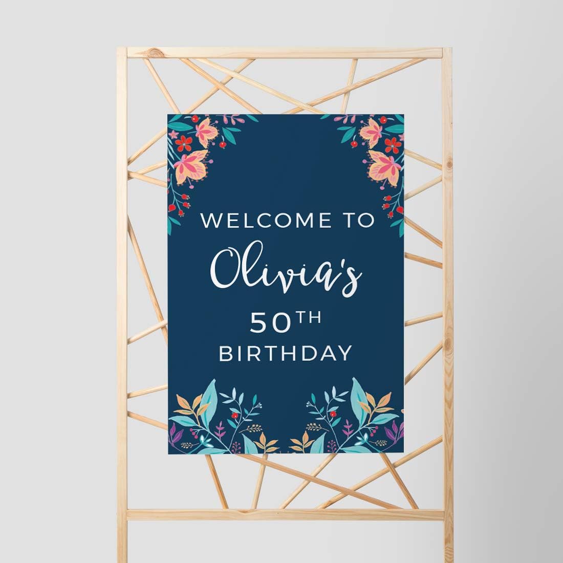 Andaz Press Personalized Extra Large Birthday Easel Board Party Sign, 12x18-inch, Vintage Bohemian Flowers on Navy Blue, Welcome to Olivia's 50th Birthday, 1-Pack, Custom Name Age