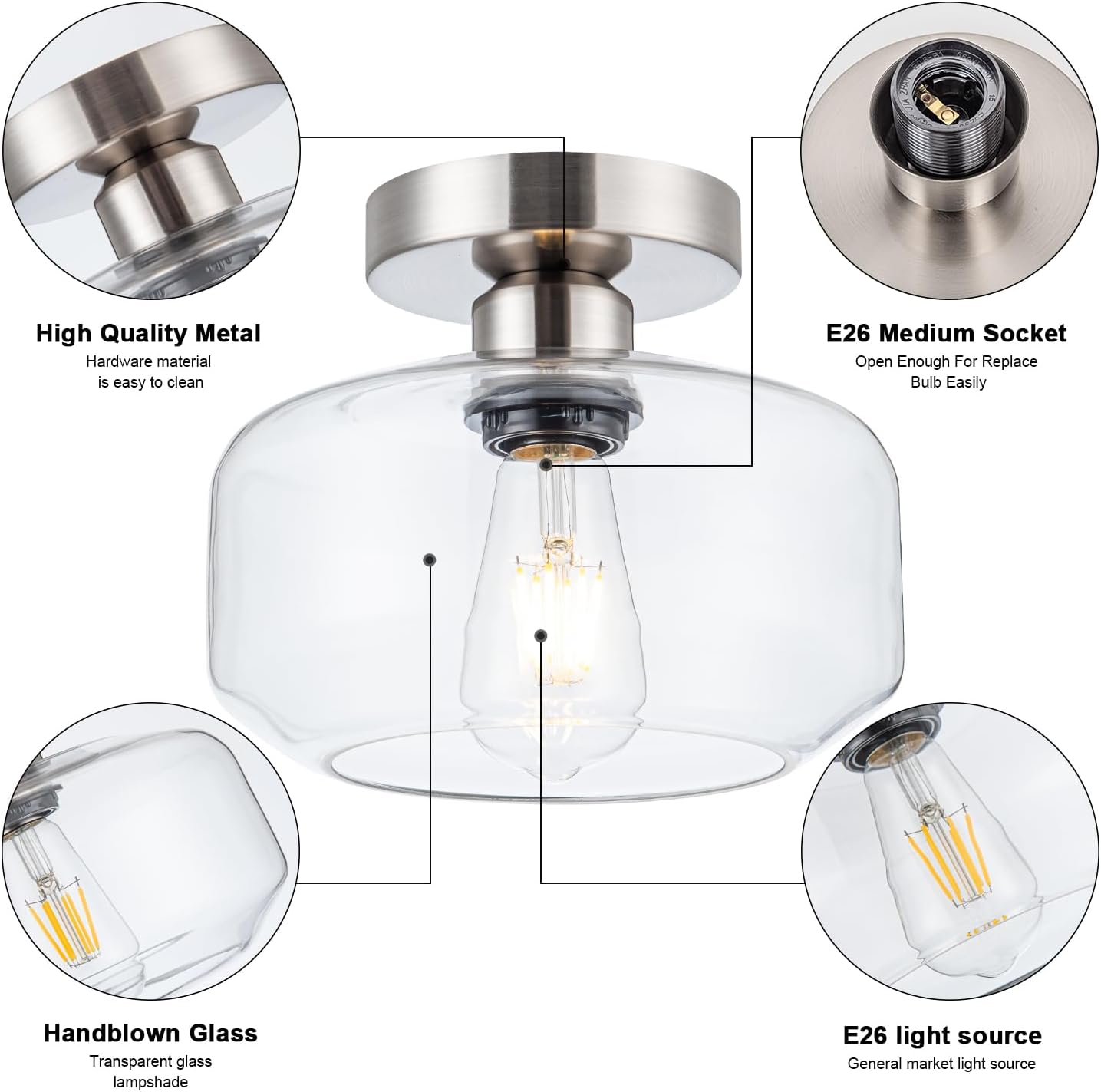 Semi Flush Mount Ceiling Light Fixture - Clear Glass & Brushed Nickel Base with 900 Lumen LED - Modern Kitchen Lighting Fixtures for Bathroom Hallway Entryway