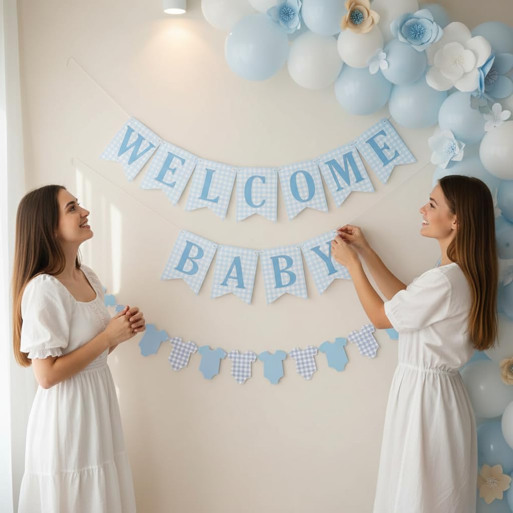 Baby Boy Baby Shower Banner, 2 PCS Pre-strung Blue Gingham Welcome Baby and Body Cloth Banner for