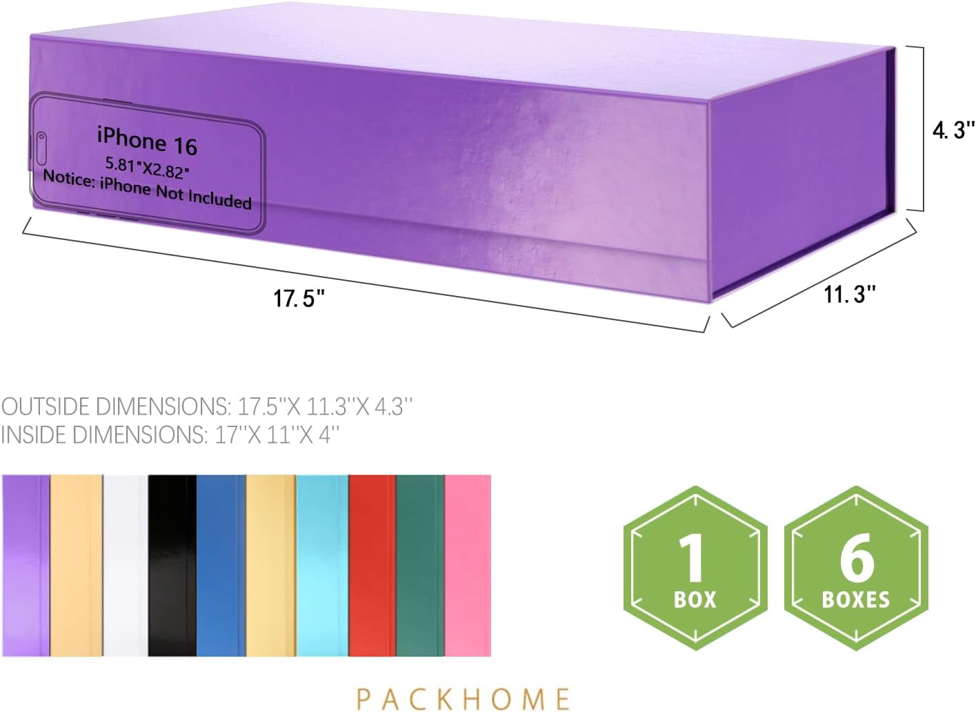 PACKHOME Extra Large Gift Box 17.5x11.3x4.3 Inches, Sturdy Shirt Box with Magnetic Lid for Clothes and Large Gifts (Glossy Purple)