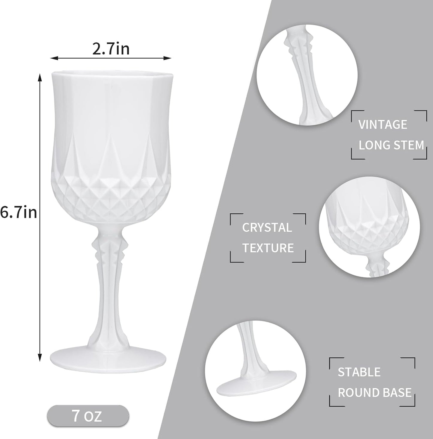 JLYLOL Plastic Vintage Wine Glasses 7OZ Plastic Goblets Vintage Drinking Glasses 12PCS Retro Wedding Glassware Water Goblets Reusable Drinking Cups for Party,Reception,Celebration,Bar,Whiskey(White)