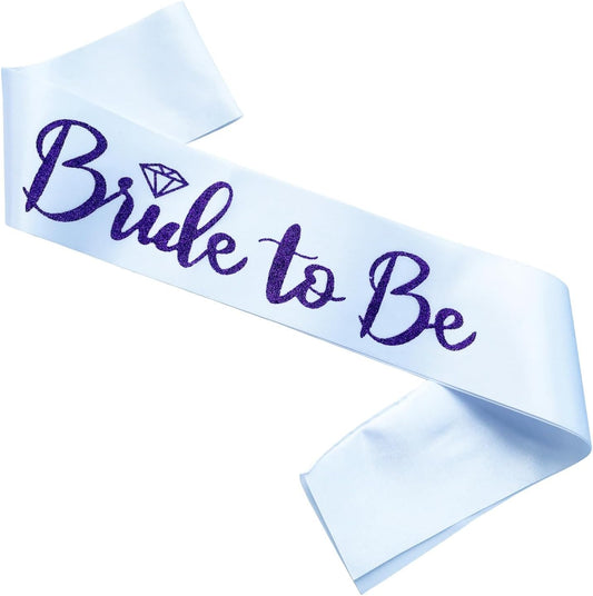 Bride to Be Sash, Bachelorette Party Sash for Bridal Shower Wedding Party Favors Accessories Supplies Engagement Gifts,White Satin with Glitter Letter Purple