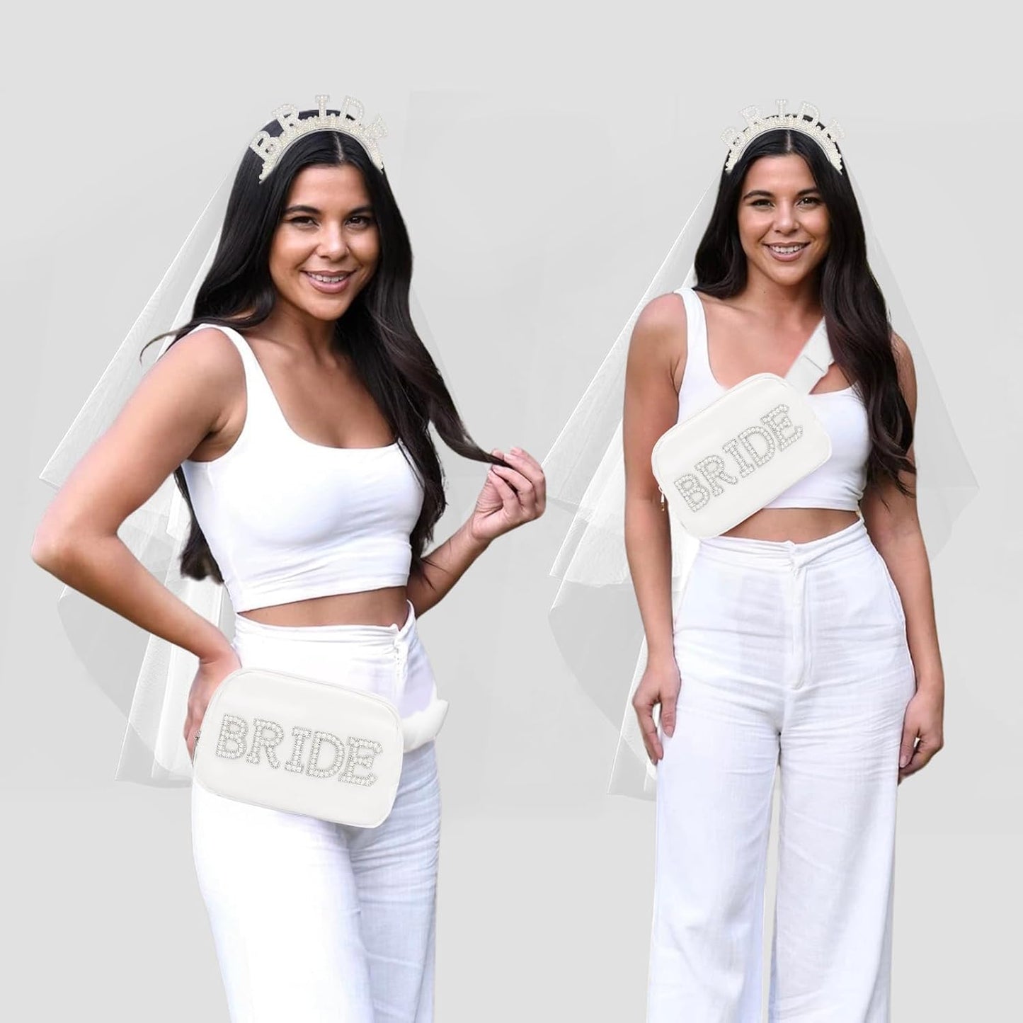 Lamyba 3pcs Bachelorette Party Decorations Bride Veil,Pearl Bride Fanny Pack&Pearl Bride Headband Bachelorette Party Favors/Accessories Bachelorette Gifts for Bride Bridal Shower Gifts