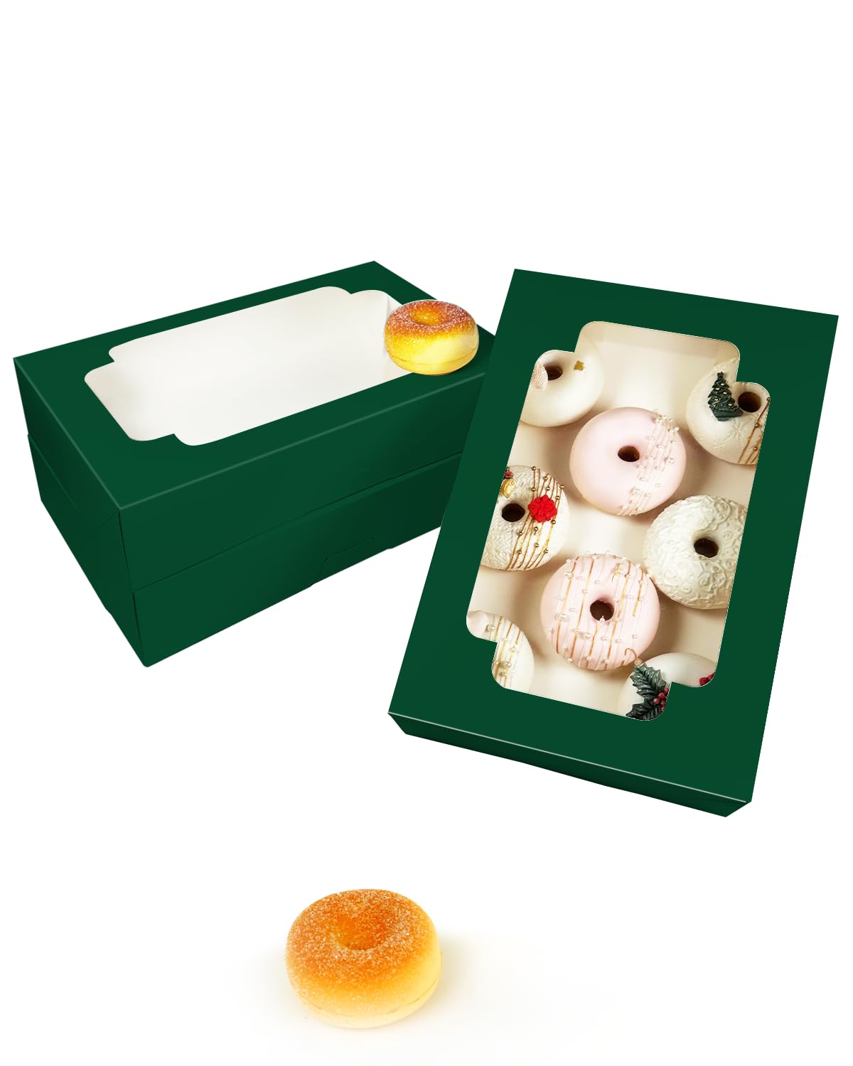 qiqee Auto-pop up Deep Green Cookie Box with Window 12x8x2.5 inch 32 Packs Two Uses One Second Folding Pastry Biscuit Bakery Box for Packaging