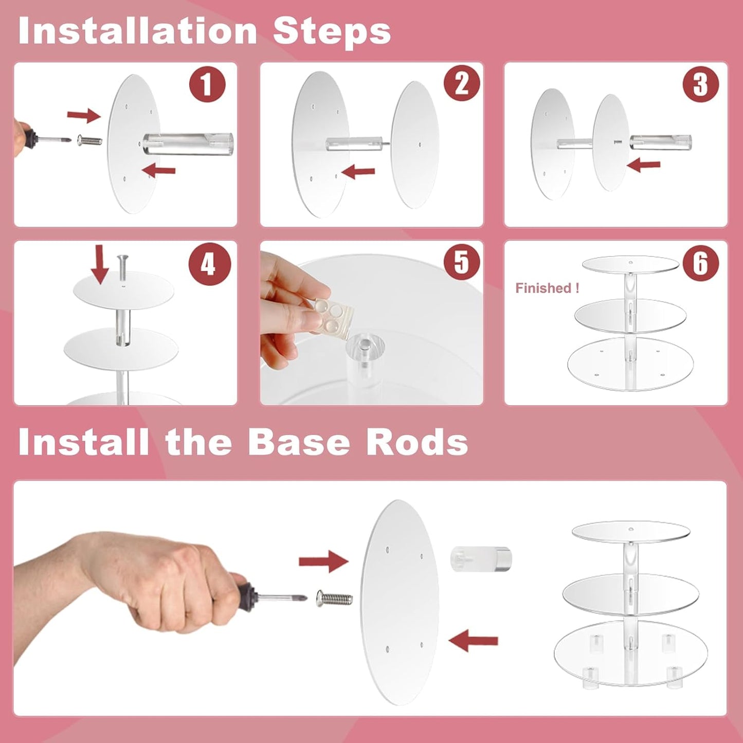 3 Tiers Round Cupcake Stand, Acrylic Cake Tower Stand Holder Macaron Display Rack Cookie Candy Buffet Desserts Platter with Base for Baby Shower, Birthday Party, Wedding, Party (3-Tiers with Base)