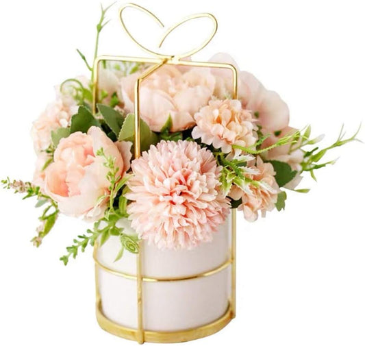 KIRIFLY Fake Artificial Flowers in Vase Faux Peony Silk Hydrangea Flower Centerpieces Décor for Wedding Table Decoration(Pink in Gold)