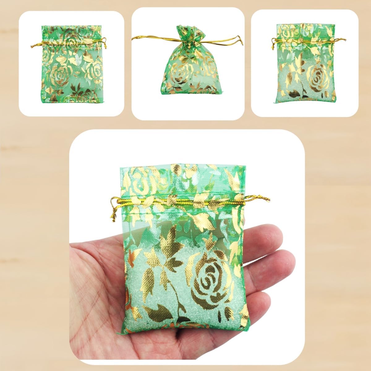 QIANHAILIZZ 100 Pack 2.8 x 3.5 Inch Flower Heart Organza Jewelry Gift Pouch Candy Pouch Drawstring Wedding Favor Bags B511S (green gold flower)