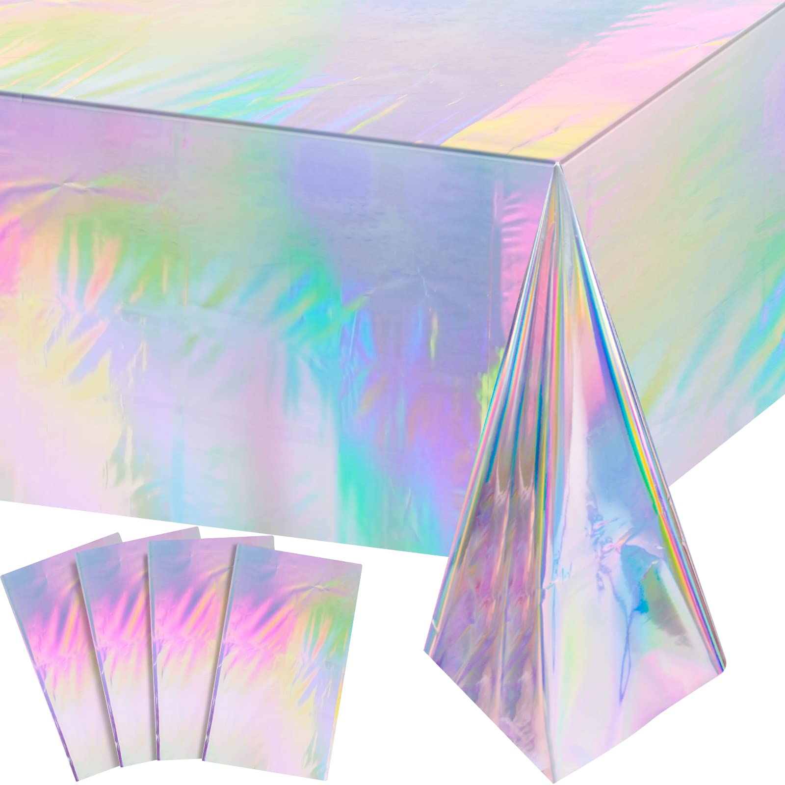 FunnyPars 4 Pack Iridescent Plastic Tablecloths, Disposable Table Covers