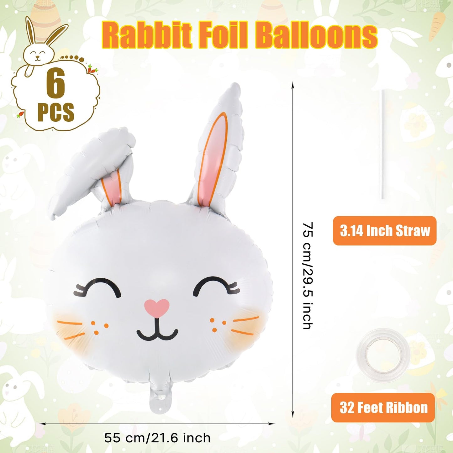 6 Pcs Easter Rabbit Balloons, Giant Bunny Balloon Foil Balloons, White Rabbit Head Balloon for