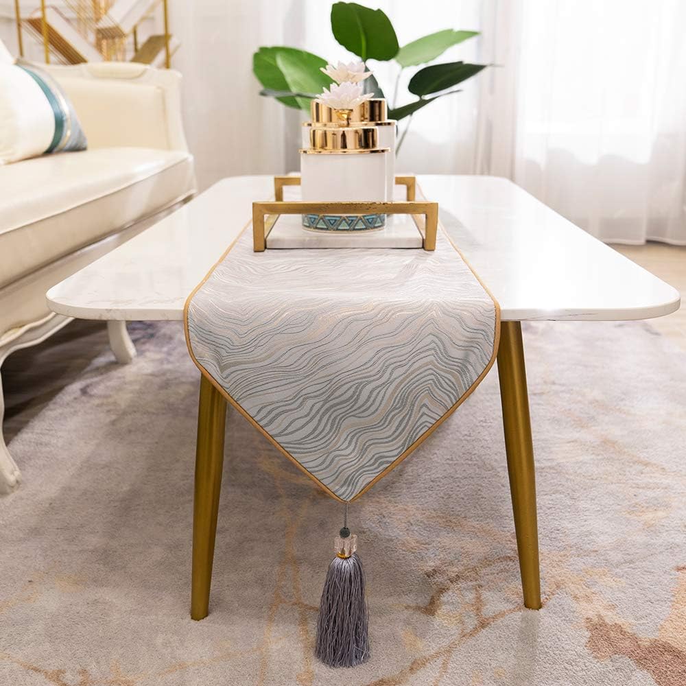 Avigers 12 x 90 Inch Decorative Luxury Abstract Striped Silver Gray Table Runners with Tassels for Home Living Room Bedroom Art Decor Wedding