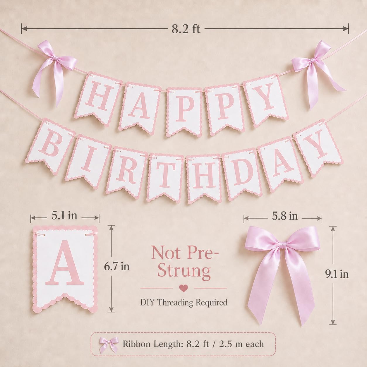 Pink Happy Birthday Banner with Satin Bows, Coquette Bow Birthday Decor