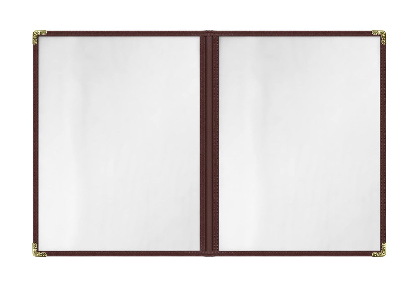 Goodsmart Restaurant Menu Covers - 25 Pack Brown 8.5" x 11", 2-Page/4-View, Side-Loading Vinyl Menu Holders, Clear Sleeves, Double-Stitched Edge, Leather-Style Café Menu Covers with Gold Corners