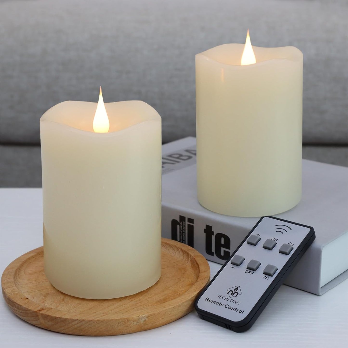 Flameless Candles Battery Operated with Remote Timer, 3D Moving Flame Flickering, Last 600+ Hours Battery Candles, 3" x 5" Ivory Real Wax Electric LED Candle for Wedding Party, Set of 2