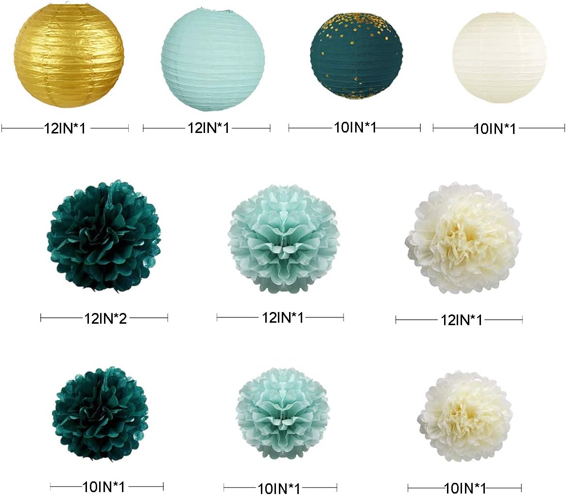 Hunter Green and Gold Hanging Tissue Lantern Flowers Pom Pom with 3D Butterflies Leaf Garland Streamer for Botanical Wedding Bridal Baby Shower Birthday Engagement Bachelorette Party Decorations