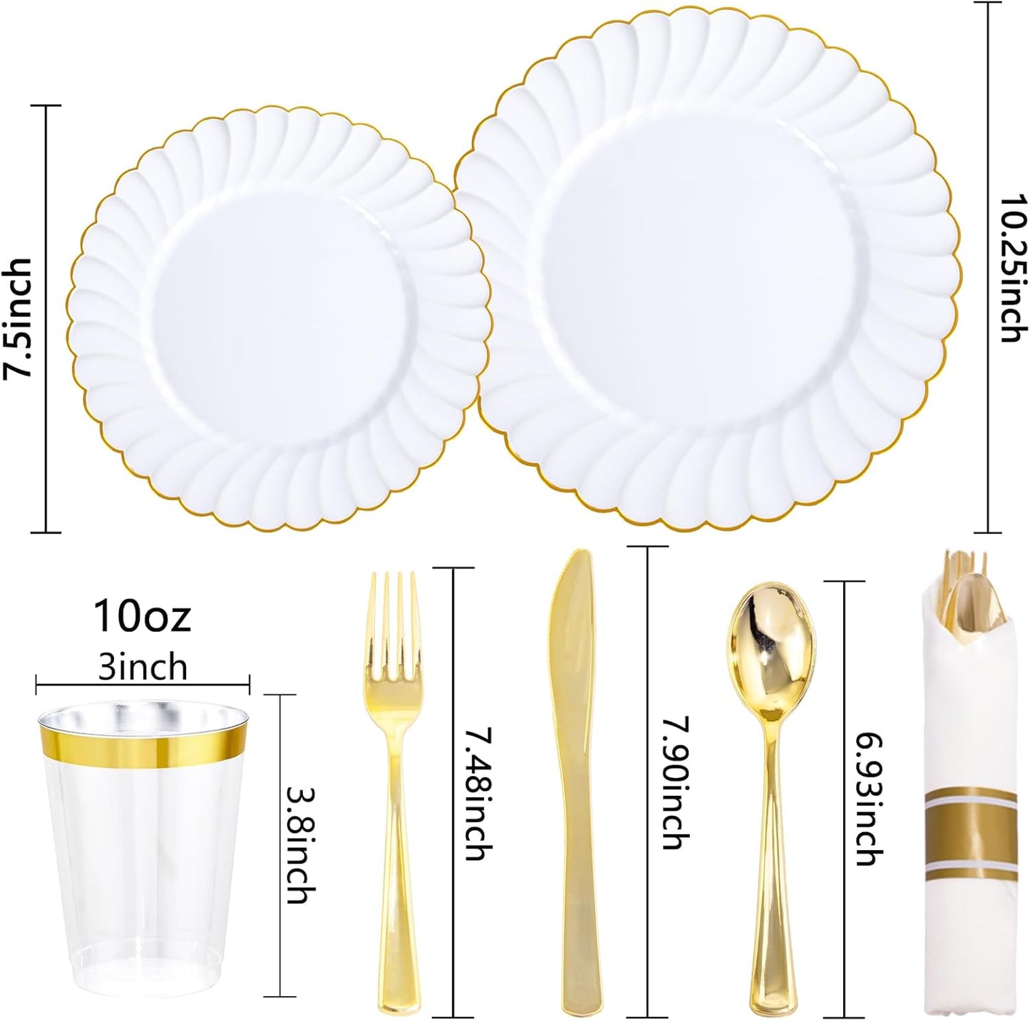 YOUBET 350PCS Gold Scalloped Plastic Plates - White and Gold Disposable Dinnerware Set Include 100 Plates, 150 Gold Silverware, 50 Cups, 50 Napkins for Wedding & Party & Thanksgiving