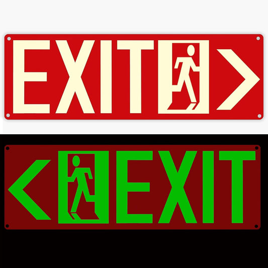 Photoluminescent Exit Signs, 14x5 inches, Red with Glow in Dark Feature, Self-Adhesive Aluminum, Left and Right Arrow Set