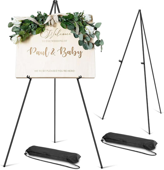 PUJIANG 2 Pack Easel Stand - 63" Folding Easels for Signs - Floor Easels for Display Pictures Wedding Sign, Art Easel for Painting,Welcome Sign Stand Tall Display Black Metal Easel with Bag