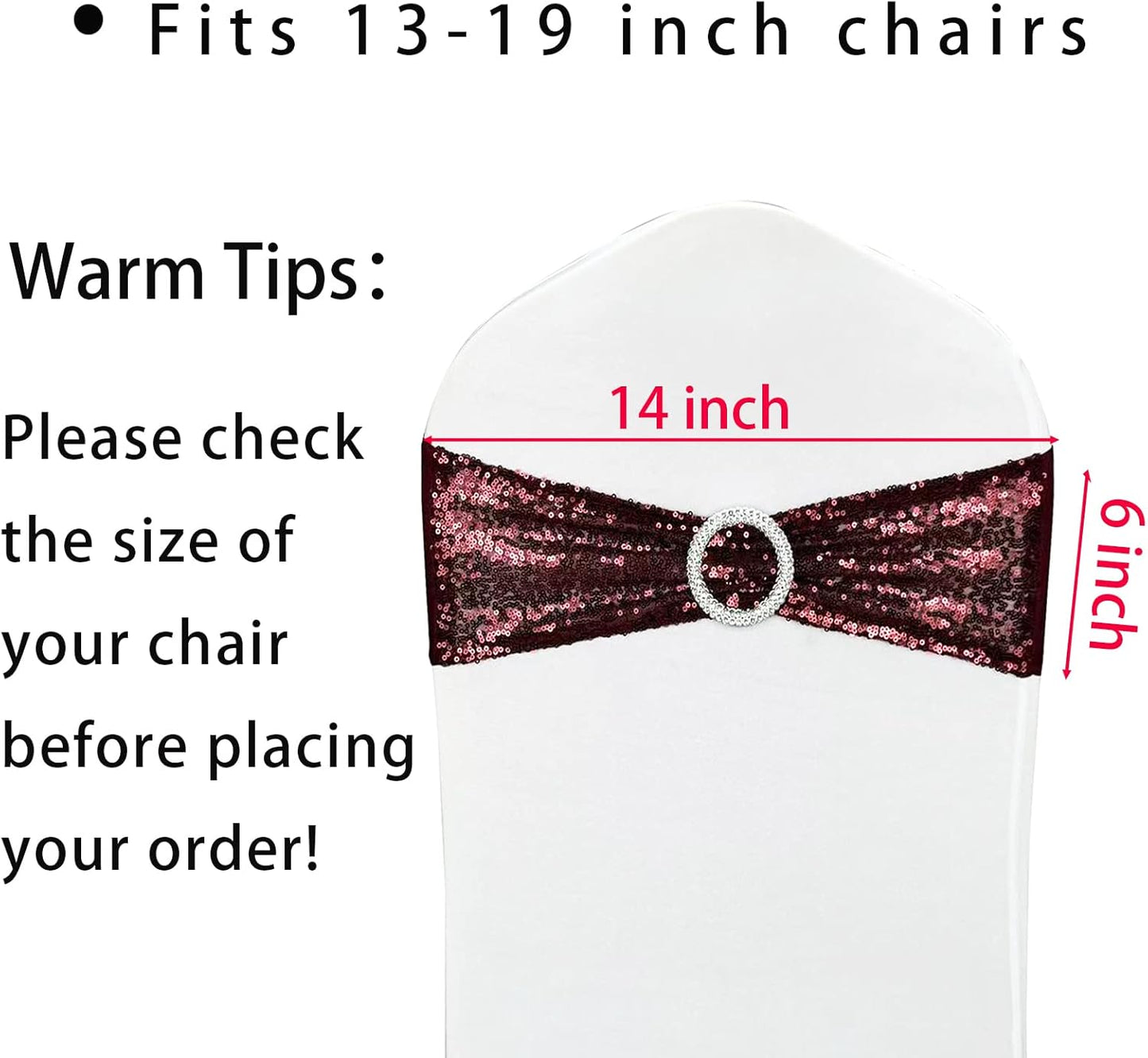 10 Pcs Sequin Chair Sashes Stretch Chair Bands Spandex Polyester Bows for Party Hotel Wedding Banquets Decoration - Burgundy