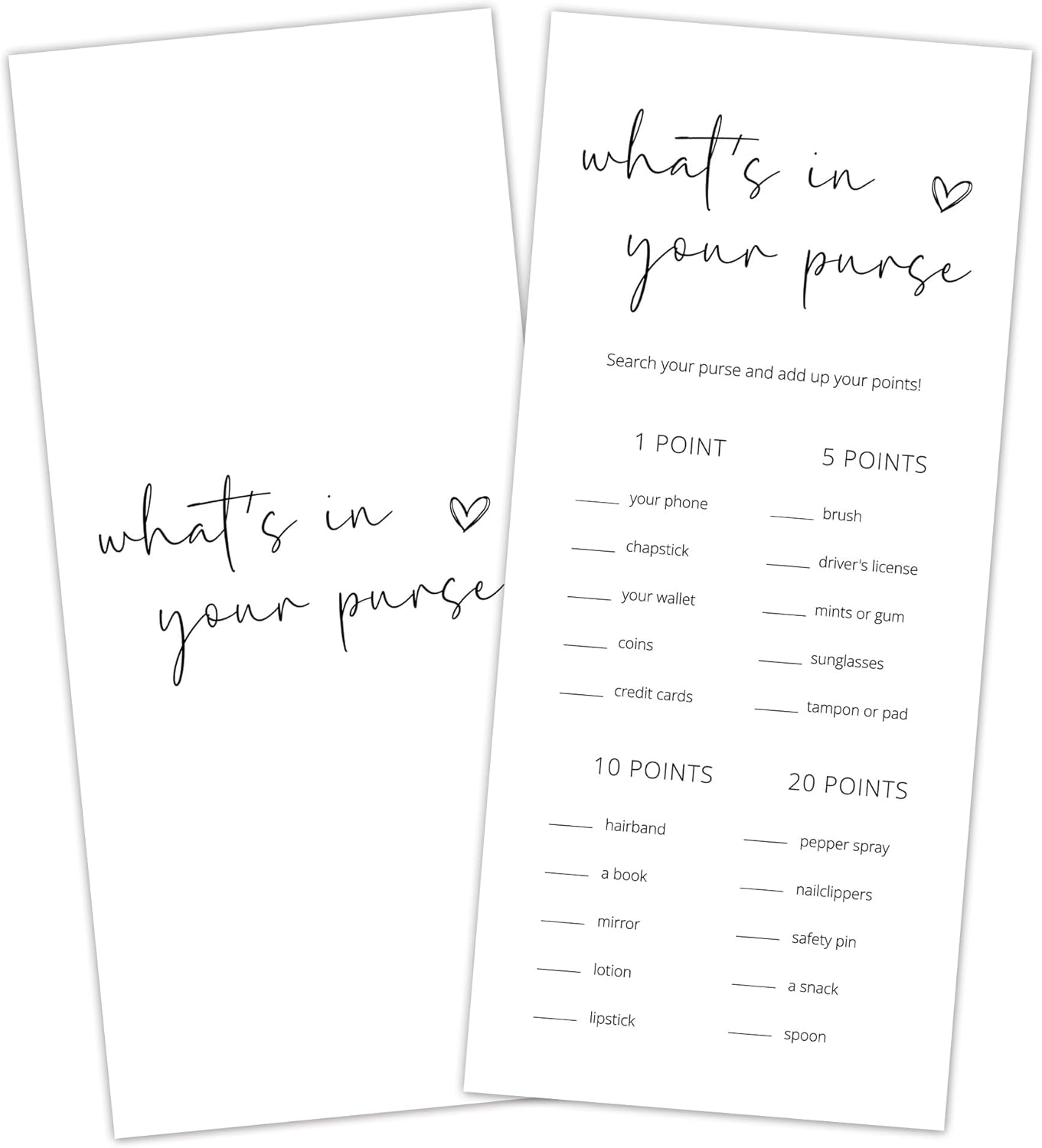 Bridal Shower Games, What's in Your Purse, 25Pcs 4x9inch Minimalist White Double-Sided Bridal Game Cards, Wedding Shower Games for Guests, Engagement Bachelorette Party Supplies - A18