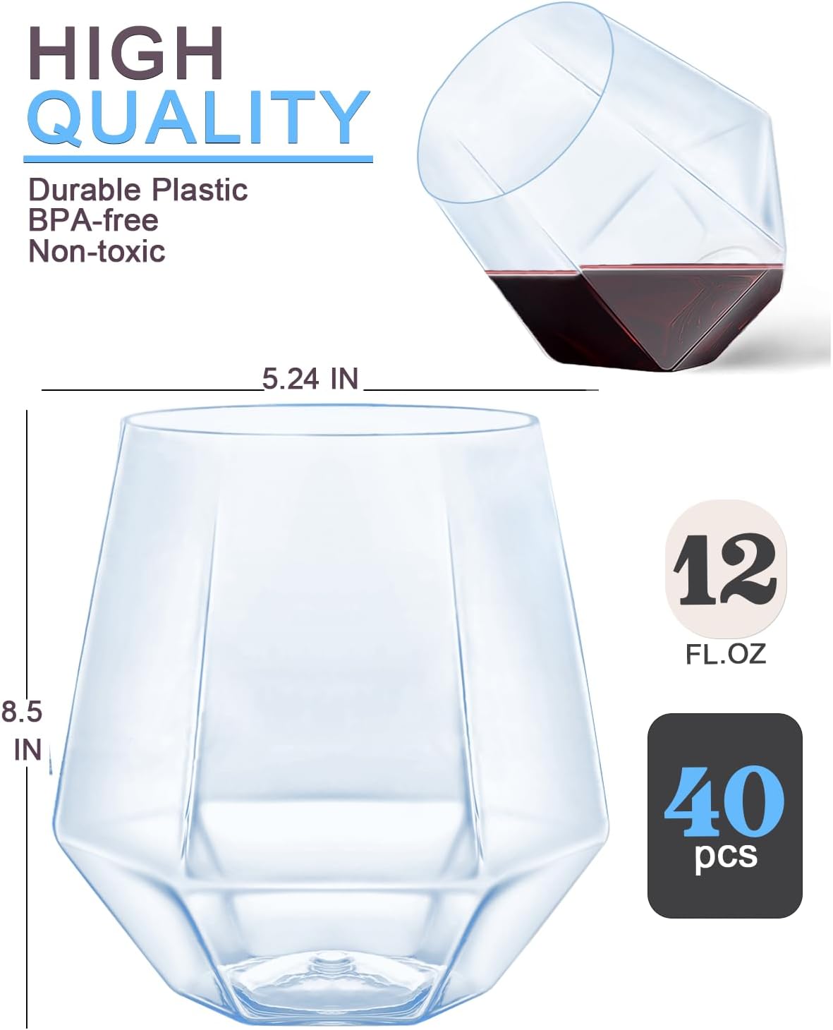 40 Pcak Plastic Stemless Wine cocktail Whiskey Champagne Glasses, 12 Oz Disposable Unbreakable Cups for Party Bars Wedding Tasting (Blue)